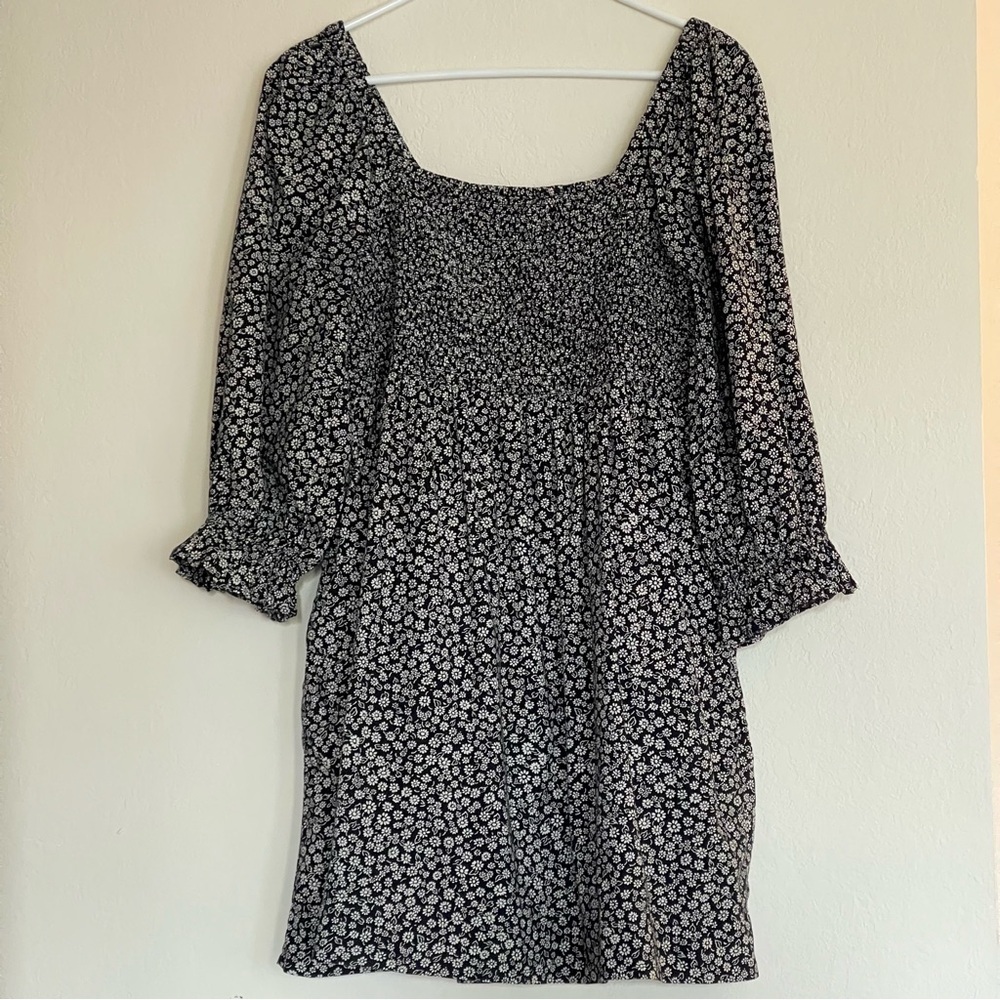 Madewell Lucie Elbow-Sleeve Smocked Mini Dress Parisian Ditsy Size M